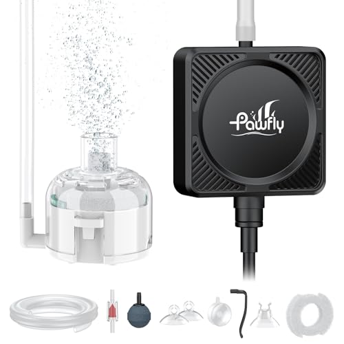 Pawfly Nano Aquarium Air Pump Ultra Quiet Mini Bubbler for 1-15 Gallon Fish Tank and Nano Aquariums 1.3 W Portable Oxygen Aerator with Mini Sponge Filter Air Hose Airstone & Check Valve 450 ml/m