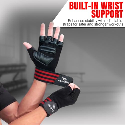 Image of Mayor Premium Dryfit Gym Gloves for Men & Women with Wrist Support Accessories for Weightlifting, Training, Exercise, Cycling Gloves, Bike Riding Gloves, Polycotton Blend (Red /Black)