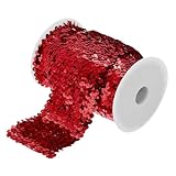 QUARKZMAN 5,5 Yards 3 Zoll Elastische Paillettenborte 3-Reihige Flache Paillettenband Paillettenstoffband für Basteln DIY Paillettenfransen Nähen Rot