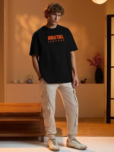 Image of LEOTUDE Men's Premium T-Shirt | 100% Pure Cotton Oversized Baggy Fit Drop Shoulder Cool Back Typographic Printed T-Shirt for Men (Color : Black)