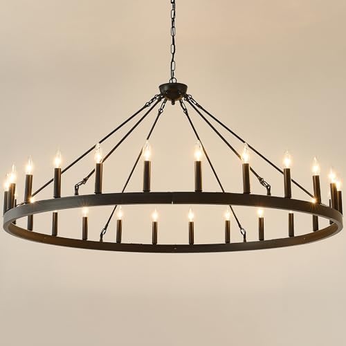 53 Inch Large Black Farmhouse Wagon Wheel Chandelier,24-Light Round Industrial Pendant Light fixtures for Outdoor Porch high Ceilings Living Dining Room Foyer Entryway