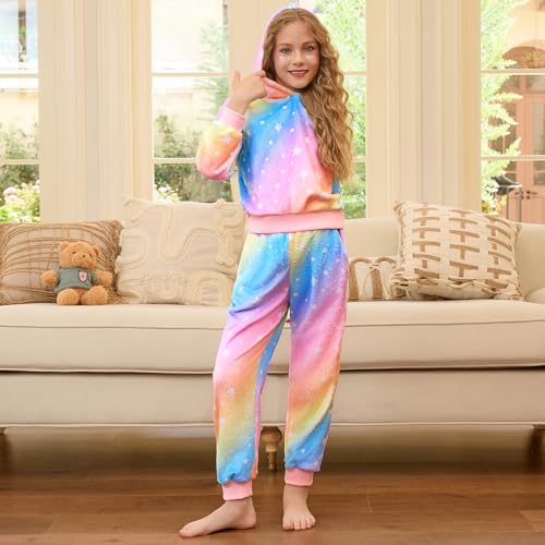 QPANCY Girls Fleece Pajamas Two Piece Soft Cozy Hoodie Pjs Set kids Fall Winter Long Sleeve Loungewear2