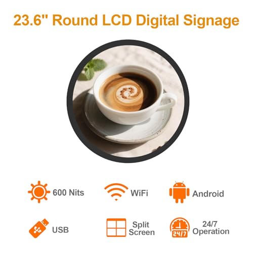 Image of 23.6 Inch Round Digital Signage, 600nits High Brightness LCD Monitor Advertising Display,Indoor Digtal Signage, CMS /U-Disk Plug&Play, Smart Split Screen, 24 /7 Operation, HDMI /USB /WiFi /Android System
