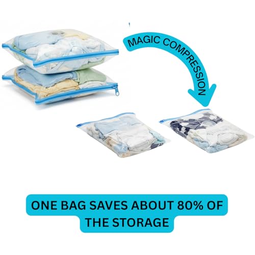 Image of Vacuum Storage Space Saver Compression Bags For Clothes and Blankets with Travel Hand Pump, Pack of 5 Polypropylene Reusuable Ziplock Bags, 2 Medium 2 Large and 1 Jumbo