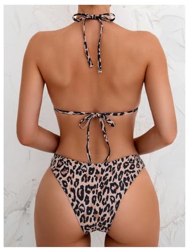 MakeMeChic Women's Bikini Sets Leopard Print Halter High Cut Shell Cheeky Bathing Suit2
