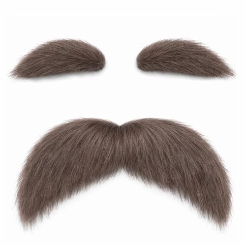Brown Mustache and Eyebrows, Novelty Cosplay Costume Accessories, Reusable Stick-on Fake Beard Mustaches Bushy Eyebrows for Dressup Day Halloween Party Favors Men Women