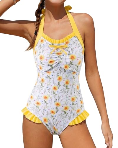Image of Mioglrie Kids Girls Swimsuit One Piece Bathing Suits Girls' Swimwear 7-14Y | Halter Neck Swimsuits,Striped Design,Ruffle Design,Built‑in Chest Pads,1 Piece Swimwear for Beach,Summer Party