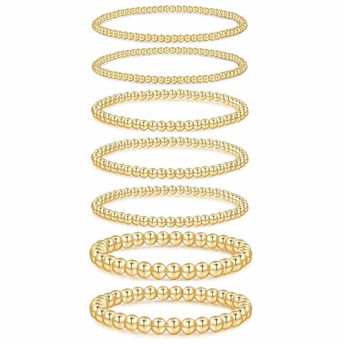 7PCS Layered Beaded Bracelets Set for Women Trendy Stretch Elastic Round Ball Beads Bangles Boho Chunky Gold Stackable Bracelets Dainty Jewelry for Gifts