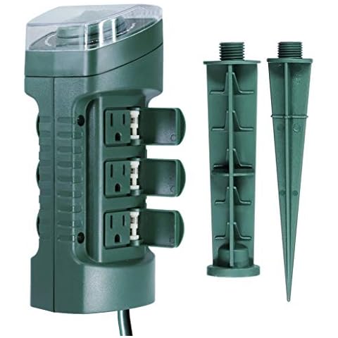 Uninex EC1607 Outdoor Yard Stake with Mechanical Timer, Photocell Light Sensor, Weatherproof, Extra Long, 6-Outlet, UL Listed, 6-Foot Cover