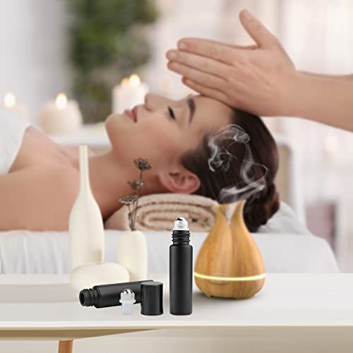 12 Pack 10ml Glass Roller Bottles Black Frosted Roll On Bottles Essential Oil Roller Bottles Perfume Sample Bottles Cosmetic Containers With Stainless Steel Roller Balls Opener&Dropper included4