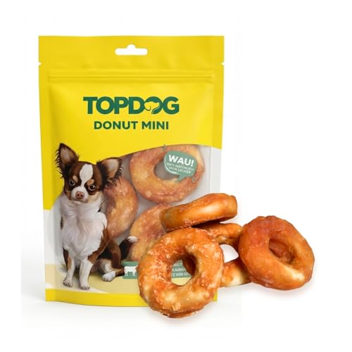 Topdog Chicken Donut Mini für Hunde- 4 Stück- langanhaltende Hunde Kausnacks- zuckerfreie Kauringe ohne Zusatzstoffe- Das Mini Donut Leckerli sorgt für eine geschmackvolle Zahnpflege