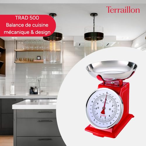 TERRAILLON Vintage-Küchenwaage – Manuelle Tara, großes Ziffernblatt und 1 L Schüssel, Wiegebereich 5 kg – Modell ’Tradition 500’ Rot