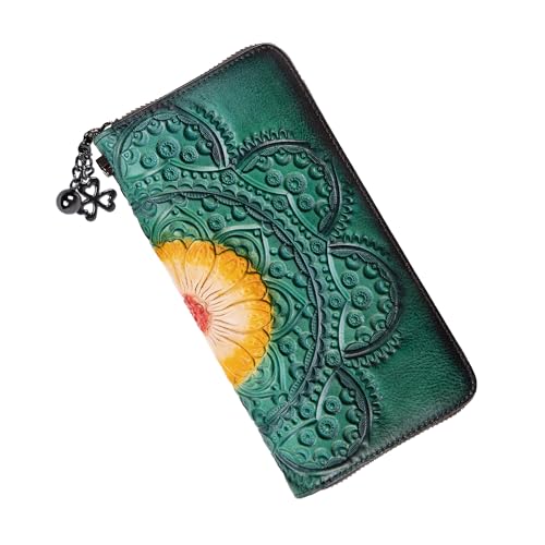 Image of Wallet Genuine Leather for Women - with RFID Blocking Card checkbook ID Slot Large Capacity Vintage style (sunflower blue)