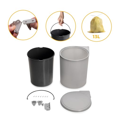 Emuca - Kosz na śmieci na drzwi szafy, kosz na recykling, pojemnik 13 L z automatycznym otwieraniem pokrywką i mocowaniem do drzwi, plastik, szary