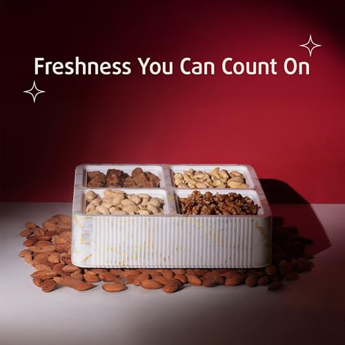 Image of Selvel Global Square Dryfruit Box with 4 Compartments | Airtight Multi-Purpose Storage Box with Tray & Lid | Ideal for Diwali Gifting | 500ml Each | BPA-Free (Italian White)