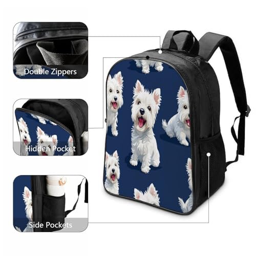 Sac à dos chien blanc 3D pour ados à 2 compartiments tendance - 3