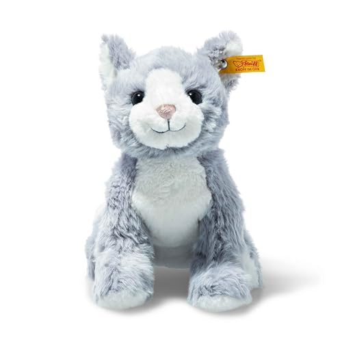 Steiff Cassie Katze eisblau-Weiss 26 cm, Soft Cuddly Friends, Kuscheltier-Katze, Stofftier aus kuschelweichem Plüsch, zum Kuscheln und Spielen, Hellblau