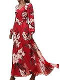 robe cocktail fleurie rouge  Onsoyours Robe Maxi Femme Col en V Longue Imprimé Florale Taille Haute Robes De Soirée Elégante Manches Longues Plage Casual Swing Party Robe A Rouge XXL