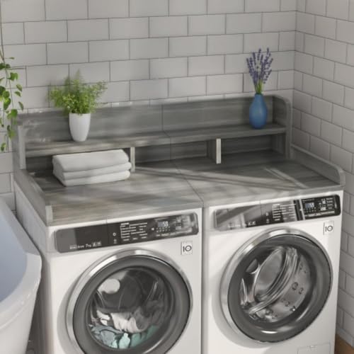 CuisinSmart Washer Dryer Countertop with 2-Tier Shelf, Wood Laundry Countertop Over Washer and Dryer with Edge, 54" Width x 27.5" Depth Laundry Hamper Table Top Storage Organization Gray stripe