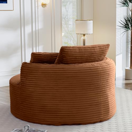 Image of Antetek 53.5-inch Round Chair, Modern Accent Corduroy Comfy Deep Seat Boneless Foam Floor Single Circle Chaise Sofa Chair with 3 Pillows for Living Room Bedroom Office, No Assembly Required, Orange