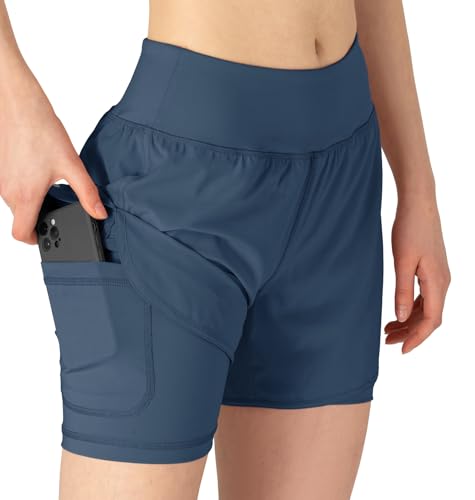Short de course d'été pour femme avec poche pratique gris bleu L