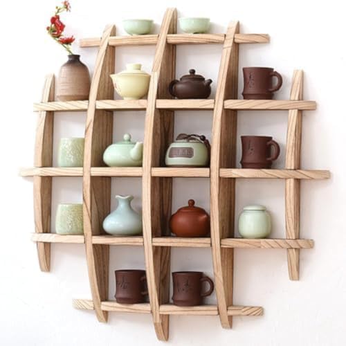 Antique Wood Wall Shelf, Fan Shape Solid Wood Display Shelf, Chinese Tea Pot and Incense Burner Storage, Tea Cup Set Display Cabinet, Modern Minimalist Wall Storage Rack, Chinese Style Treasure