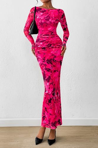 Image of PRETTYGARDEN Women's Long Sleeve Bodycon Dresses 2026 Spring Sexy Floral Mesh Slit Ruched Tight Maxi Wedding Guest Dress