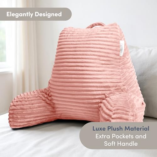 Image of Nestl Reading Pillow with Shredded Memory Foam, Luxe Cut Plush Back Pillow for Sitting Up in Bed, Back and Arms Adjustable Support for Adult & Teens, Backrest Pillows with Washable Cover Peach Beige