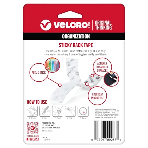 Image of VELCRO Brand 5 Ft x 3 /4 in | White Tape Roll with Adhesive | Cut Strips to Length | Sticky Back Hook and Loop Fasteners | Perfect for Home, Office or Classroom (Pack of 2)