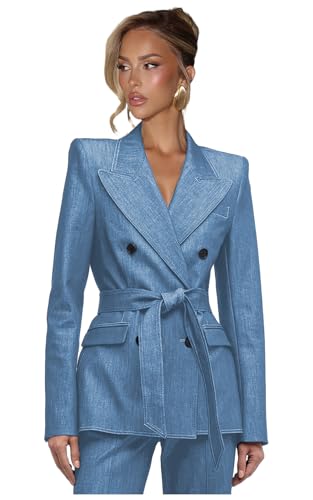 Sky Blue Denim Suit for Women 2 Piece Set Business Double Breasted Blazer Petite Womens Suit Peak Lapel Work Professional Womens Suits Size Small