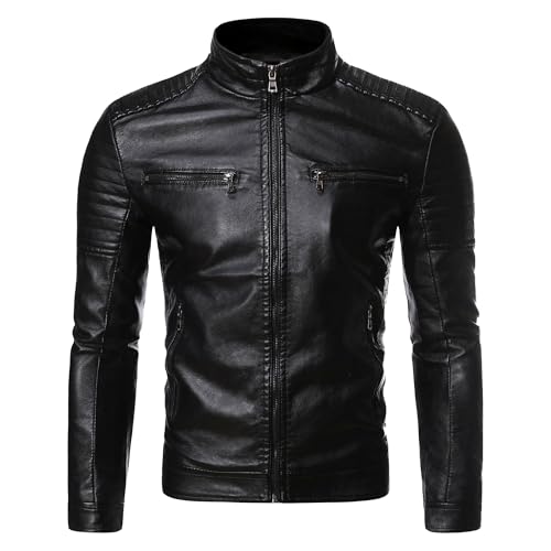 Men's Zipper Pocket Leather Jacket Vintage Stand Collar PU Coat Cool Biker Jackets For Men