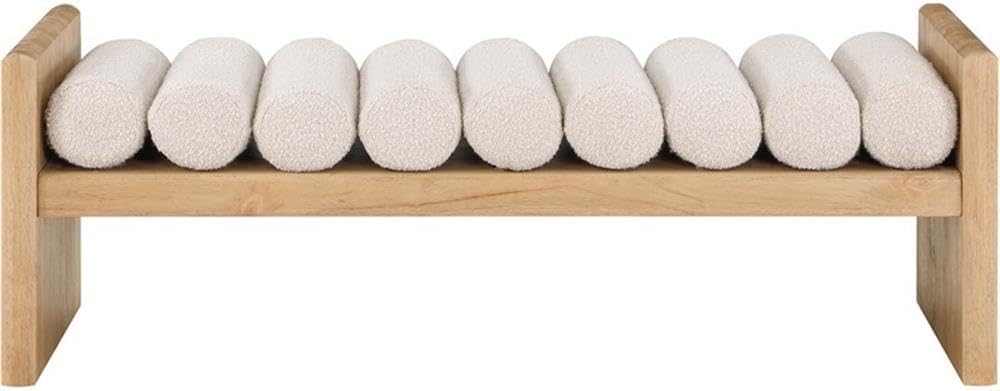MAKLAINE Contemporary Solid Wood Bench with Soft Rich Cream Finish Boucle Fabric Cushion Rolls, 52" Wx19 Dx18 H, for Living Space