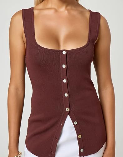 Image of Women Square Neck Button Down Knit Tank Top Button-Up U Neck Sleeveless Backless Solid Slim Sexy Sweater Vest Tops
