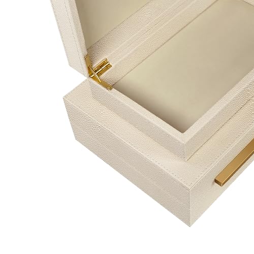 Image of Sagala Set of 2 Beige Shagreen Decorative Boxes With Gold Metal Handles, Faux Leather Jewelry Boxes Modern Storage Boxes Photo Boxes Memory Boxes Home Organizer (Beige-Gold Handle)