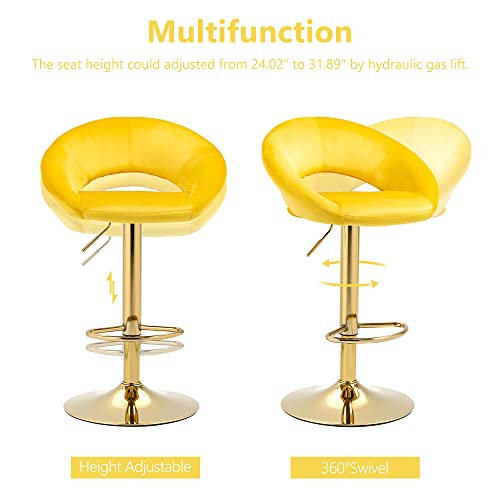 Nordicana Modern Adjustable Height Counter Bar Stools Set Of 2, Yellow Velvet Upholstered Swivel Barstools, Kitchen Island Dining Chairs, Gold Metal Base #TOP5