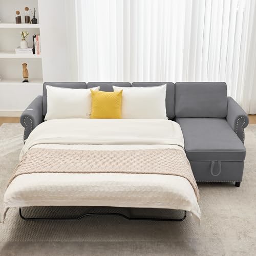 Image of ERYE L-Shaped Reversible Sectional Sofa with Pull Out Queen Memory Mattress Sleeper Bed, 2-in-1 L-Shaped Corner Sectional Couches W /Wireless Charging, Storage Chaise Lounge