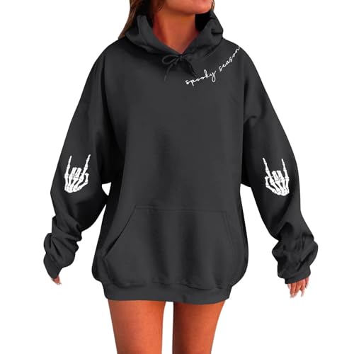 Saymany Hoodie Damen Kapuzenpullover Oversize Spooky Season Totenkopf Drucken Hoodies Pullover Mit Taschen Hooded Pullover Sweatshirt Mit Kapuze Einfarbige Halloween Kostüm Hoody Loose Oberteile