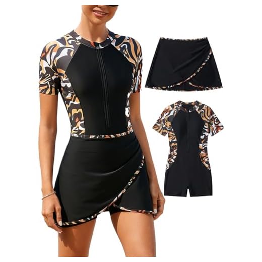 SHEKINI Frauen Two Piece Athletic Short Sleeves Surfen Reißverschluss Boyleg One Piece Rash Guard Badeanzüge und Swim Rock (L,Schwarz+Unregelmäßige Textur)