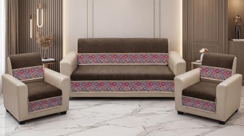 Image of KINGLY Sofa Cover 5 Seater 3+1+1 Velvet Full Cover - Chocolate Brown | Fully covered quilted velvet slipcover, washable anti-slip thick furniture protector for 3+1+1 living room sofa