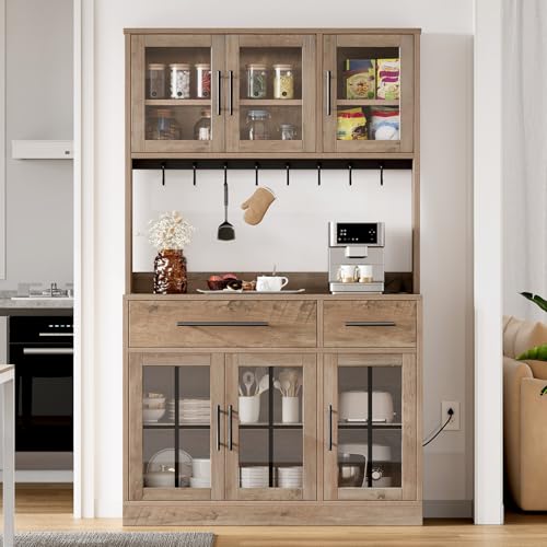 DWVO 71'' Tall Kitchen Pantry Storage Cabinet with Charge Station, Farmhouse Glass Display Food Pantry Hutch with Microwave Stand & Hooks & Drawers & Shelves for Home Living Dining Room, Lvory Grey