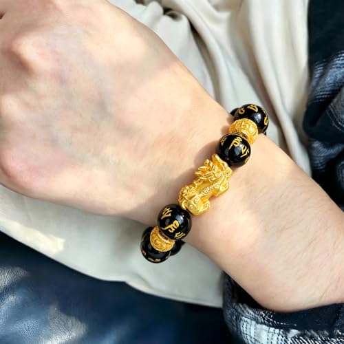 Image of Feng Shui Pixiu Bracelet, Black Obsidian Beaded Bracelet for Men Women