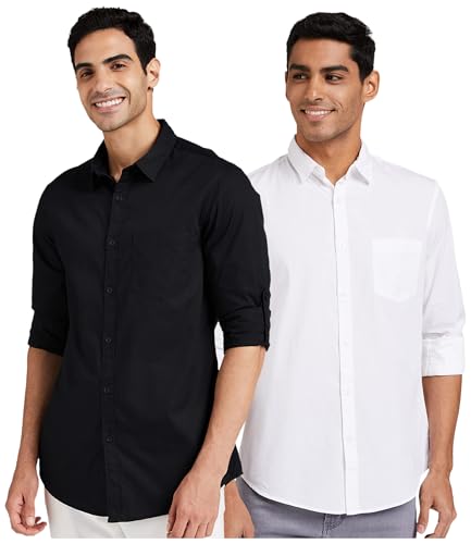 Image of Amazon Brand - Symbol Men's Cotton Shirt | Casual | Plain | Full Sleeve | Summer - Regular Fit (Available in Plus Size) (Black + White 2XL) (Combo Pack of 2)