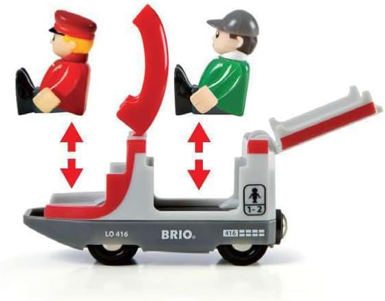 کلوز اپ view of a BRIO train car with its roof open, showing how to place a figure inside.