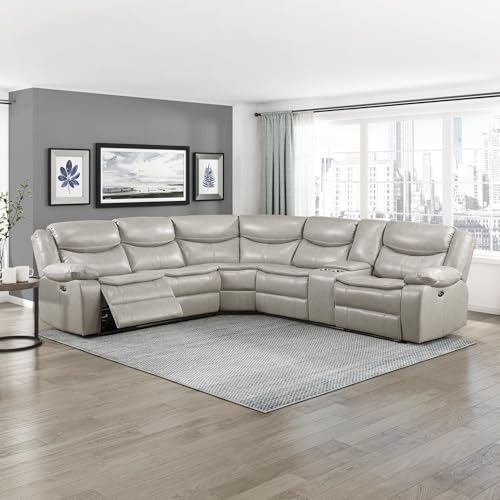 Lexicon L-Shaped Power Reclining Sectional Couch, Faux Leather Reclining Sectional Sofa, 3 Recliners, Wall Hugger, Right Storage Console, Cup Holders, Receptacles, Charging Ports, Silver Gray by Lexicon - Used condition - US$1925.83