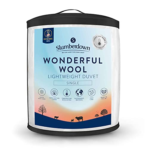 Slumberdown Wonderful Wool Single Duvet - Temperature Regulating 3-5 Tog Lightweight Cool Summer Quilt for Night Sweats - 100% British Wool, Soft Cotton Cover, Hypoallergenic, Size (135cm x 200cm)
