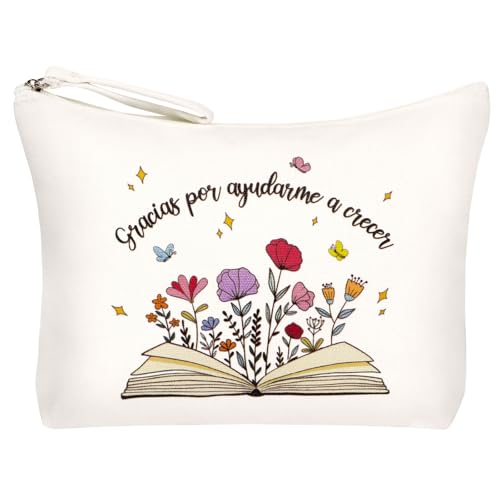 GEBETTER Regalo Profesora Infantil Primaria Español, Estuche Profe Maestra Neceser Bolsa Lona Frase Doble Cara, Regalo Navidad Despedida Graduación Guardería Colegio Escuela, 23x16x5 cm (Blanco 2)