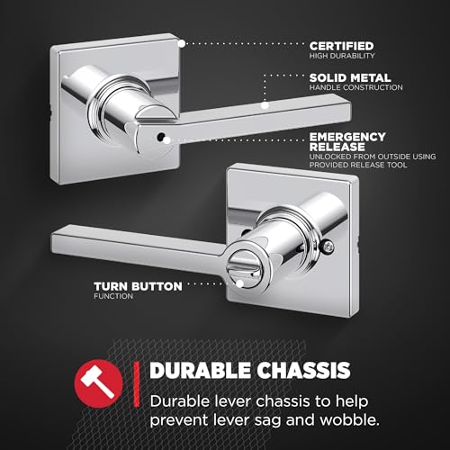 Image of Kwikset Casey Interior Privacy Door Handle with Lock, Door Lever For Bathroom and Bedroom, Polished Chrome Reversible Keyless Turn Lock