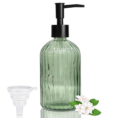 GKSCXEXE 400ml Green Soap Dispenser with Plastic Pump & Funnel, Glass Soap Dispenser Bathroom Hand Wash Dispenser, Refillable Washing Up Liquid Dispenser Kitchen Pump Bottle for Hand Soap, Dish Soap