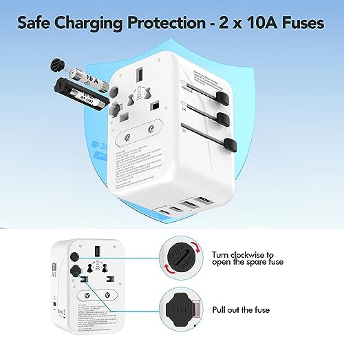 NASTIMA 65W Universal Travel Adapter Worldwide, 3USB-C PD & 2USB-A QC Travel Charger with UK,EU,AU,US Plugs for Laptops Tablets Phones-Adopting GaN III Technology