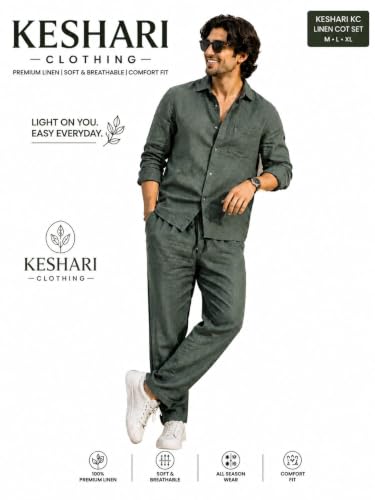Image of Men's Premium Linen Co-Ord Set | Regular Fit Full Sleeve Solid Shirt with Drawstring Trouser | Breathable Linen Casual Outfit for Summer, Travel, Beach, Vacation & Daily